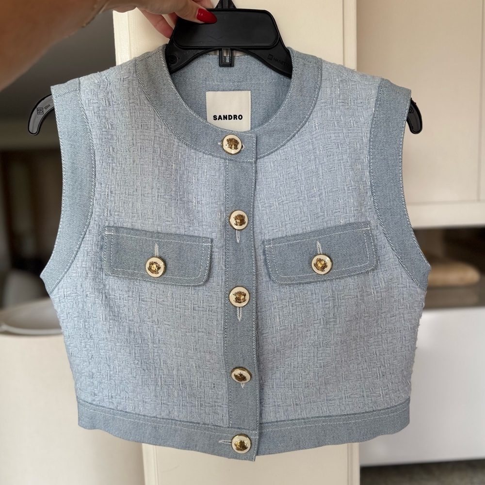 NWT Sandro Blue Woven Tweed/Denim Vest - Size XS